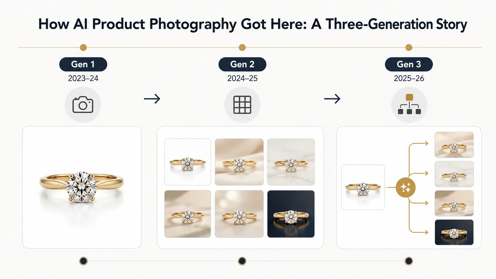 Three generations of AI product photography tools evolution timeline