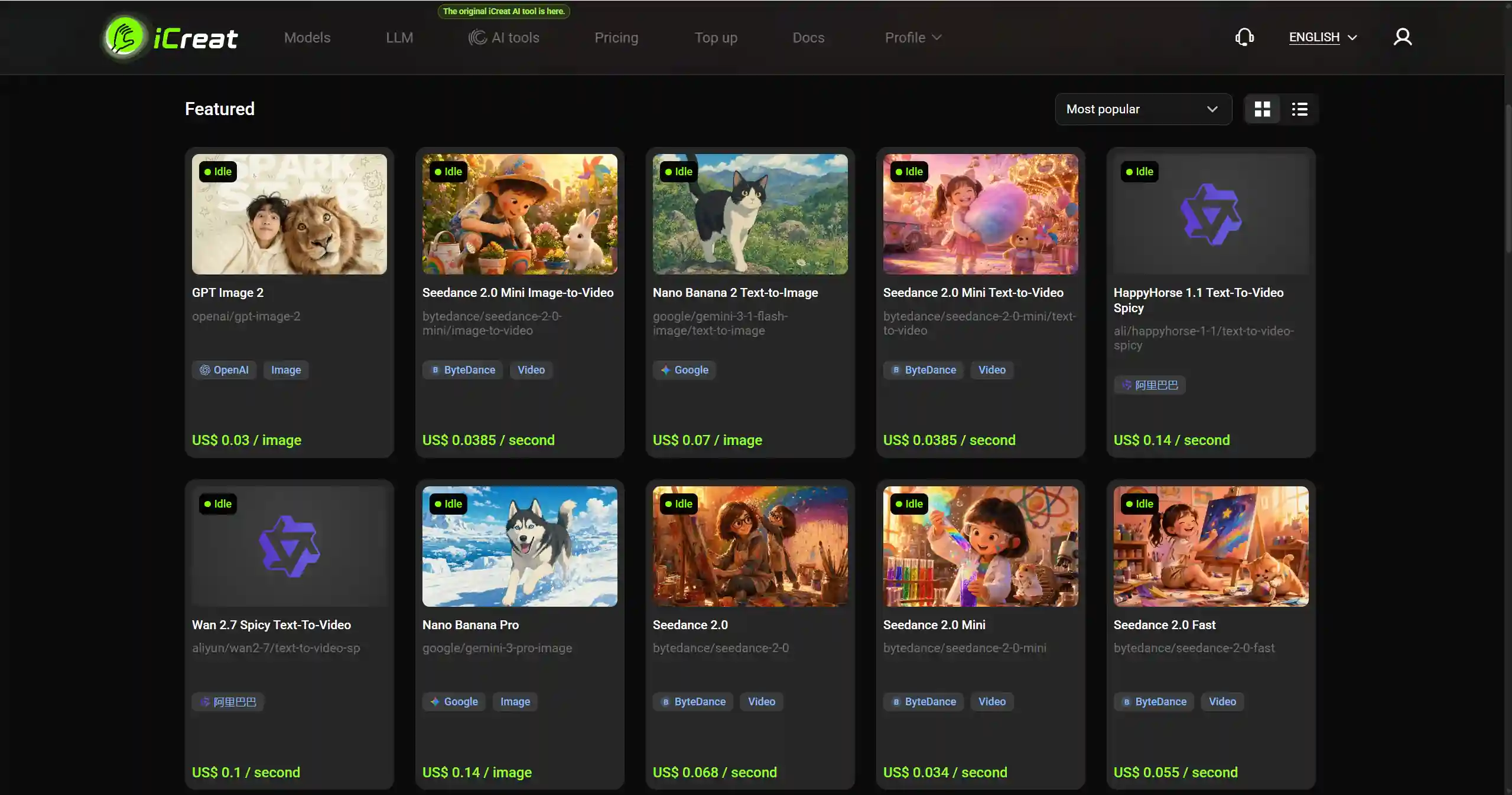 iCreat model listing and pricing